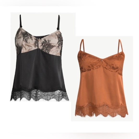2pack Sofia Intimates black & bronze Satin Lace cup v-neck Camisoles size XL new - Picture 1 of 15